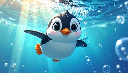 Cartoon penguin swims happily in blue water, bubbles all around, sunny light above