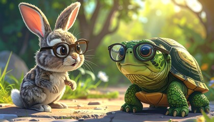Bespectacled bunny and tortoise share a sunny path
