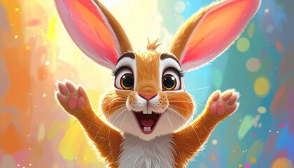 Cute cartoon rabbit with huge ears and big eyes, arms outstretched, joyous smile, colorful bokeh background