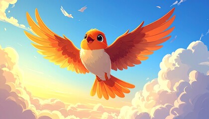 Orange bird soaring high in a bright blue sky with fluffy white clouds, digital illustration