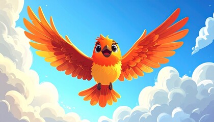 Joyful orange bird soaring through blue sky with fluffy white clouds, cartoon illustration
