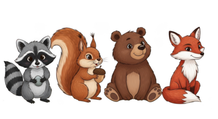 Adorable forest animals including a raccoon squirrel bear and fox isolated on transparent background