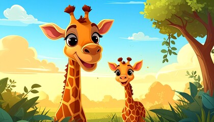 Cartoon giraffes, a parent and child, in a sunny, lush, natural setting, smiling and peaceful