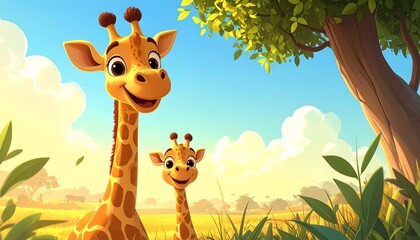 Giraffe pair stands in sunny grassland near trees, sky bright