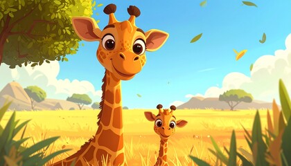 Cartoon giraffes, parent and child, in a grassy landscape under a sunny sky with mountains in the distance