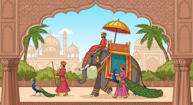 Indian procession with an elephant carrying royalty, accompanied by attendants and peacocks