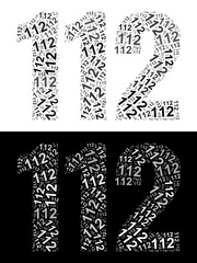Typography illustration of 112 made from repeating numbers in black and white