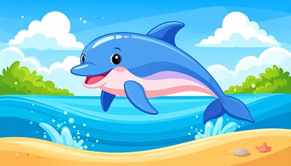 Cartoon dolphin leaps from blue ocean, sandy beach, green shrubs, and white clouds