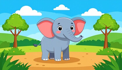 Cartoon elephant stands smiling, against a landscape of green hills, trees, and blue sky