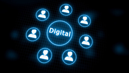 Digital Network Connection Concept with People Icons and Central Word Digital Keywords: digital, network, connection, people, icons, communication, technology, social, media, online, internet