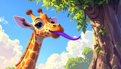 Cartoon giraffe sticks out purple tongue under green leaves, blue sky