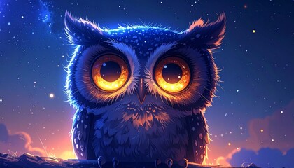 Staring owl with luminous eyes, starry plumage, against a vibrant, dreamy night sky with hints of clouds