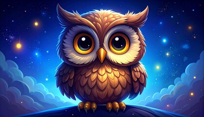 Cute, cartoonish owl with big eyes, feathered chest, sitting against a cosmic, starry night backdrop
