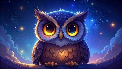 Cute, wide-eyed owl perched under a starry night, resting on a branch against fluffy clouds