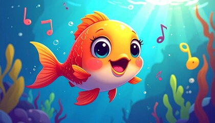 Cartoon goldfish swims happily, with music notes and bubbles in the light-filled ocean