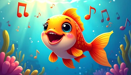 Happy goldfish sings, with notes in a bright blue underwater scene, coral and plants