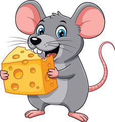 Cute cartoon gray mouse holding big yellow cheese, happy smiling rodent character illustration, funny animal artwork, children’s story design, vector