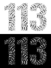 Typography illustration of 113 made from repeating numbers in black and white