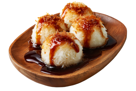 Coconut rice balls or dumplings topped with syrup and shredded coconut on wooden plate, isolated on white transparent background, concept of Polynesian Snacks Faikakai dessert cuisine