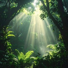 Sunbeams filtering through lush green jungle canopy