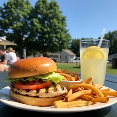 Grilled Chicken Sandwich, French Fries, Lemonade, Outdoor Meal
