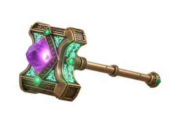 Ornate, glowing hammer features a large amethyst gem and intricate golden details.