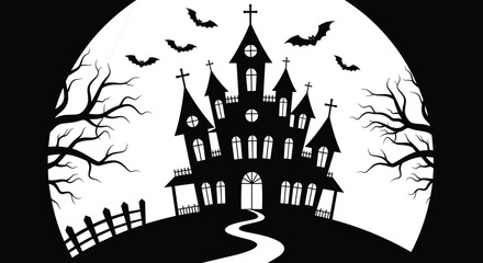 Spooky haunted mansion silhouette with bats flying, eerie bare trees, curved path, dark sky, Halloween ghost story vector illustration.
