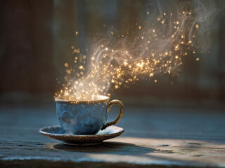 A cup of coffee with golden sparkles floating above, steam forming tiny shapes, soft warm light, whimsical magical realism, ultra-detailed scene.
