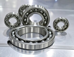 Close-up of multiple metal bearings, various sizes, on a light gray surface