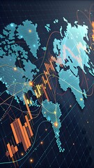 Obraz premium Global financial data visualization with world map, digital dots, bar graphs, and trend lines in modern abstract style on dark navy background