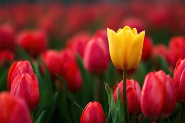 Obraz premium A yellow tulip stands tall amidst a field of red tulips