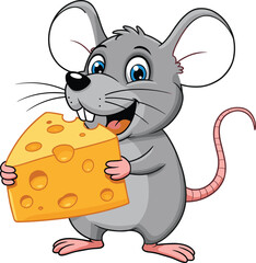 Cute cartoon gray mouse holding big yellow cheese, smiling character illustration, children’s book animal design, playful rodent mascot artwork vector