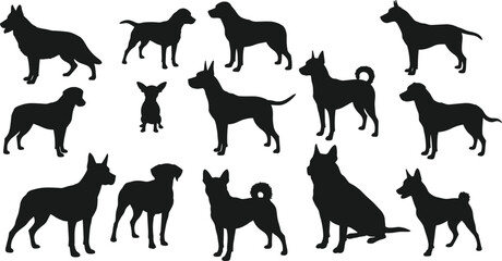 Assortment of Dog Breed Silhouettes in Various Poses on White Background canine animal