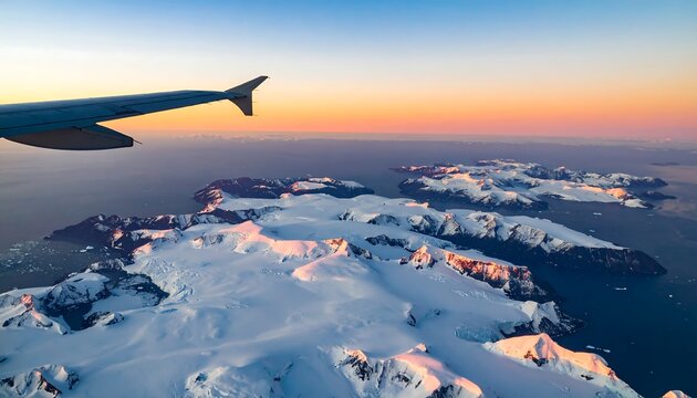 Aerial view of snow-capped Antarctic mountains and islands at sunset, with an airplane wing in the foreground - Powered by Adobe