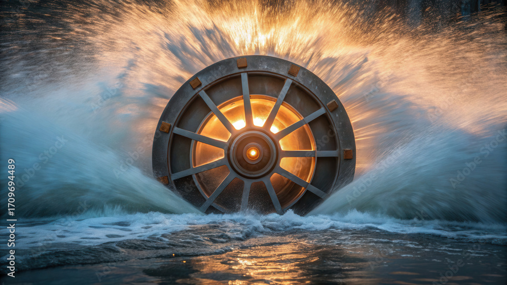 Poster tidal energy technology a powerful water wheel splashes as it rotates, backlit by a warm glow, creat