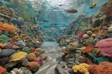 Fototapeta premium Underwater coral reef tunnel filled with vibrant fish