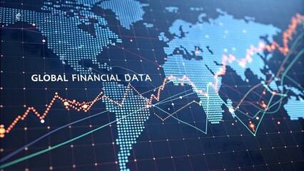 Global financial data visualization with world map, digital dots, bar graphs, and trend lines in modern abstract style on dark navy background
