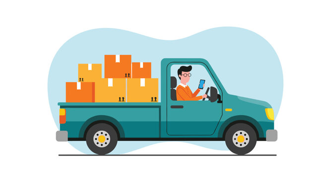 Man driving green pickup truck delivering cardboard box cargo goods service transportation