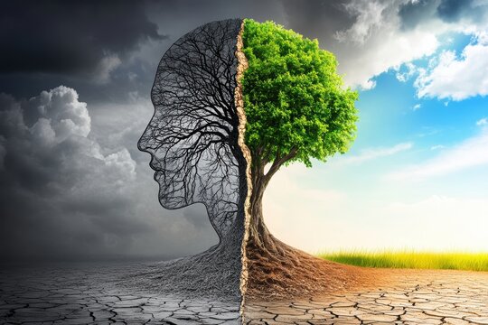 A conceptual image showing a tree growing from a head with a split between life and death side