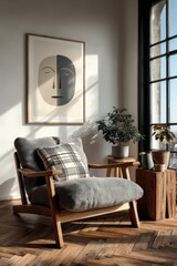 Modern living room with accent art and cozy minimalistic design elements