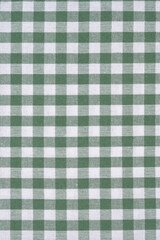 A close-up, high-angle shot of a green and white gingham checked tablecloth detail