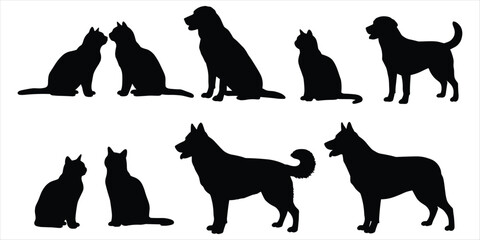 Collection of black dog and cat silhouettes in various poses on a white background vector illustration