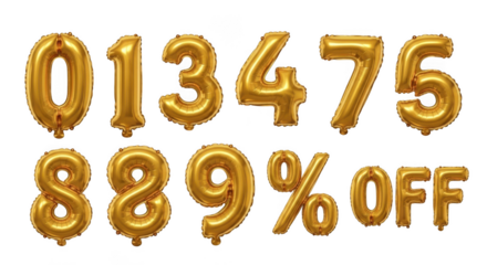 Golden number balloons forming 013475 889 percent off isolated on transparent background
