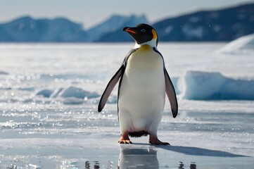 Fototapeta premium Adelie Penguin Standing on Ice in Antarctic Landscape with Snow and Mountains