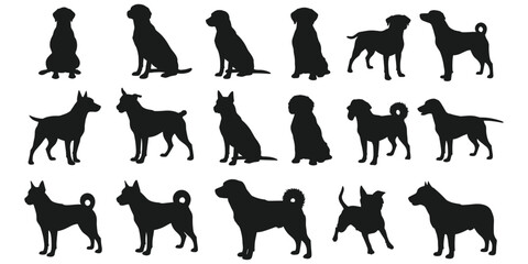 Collection of diverse dog breed silhouettes in various poses on a white background dogs canine
