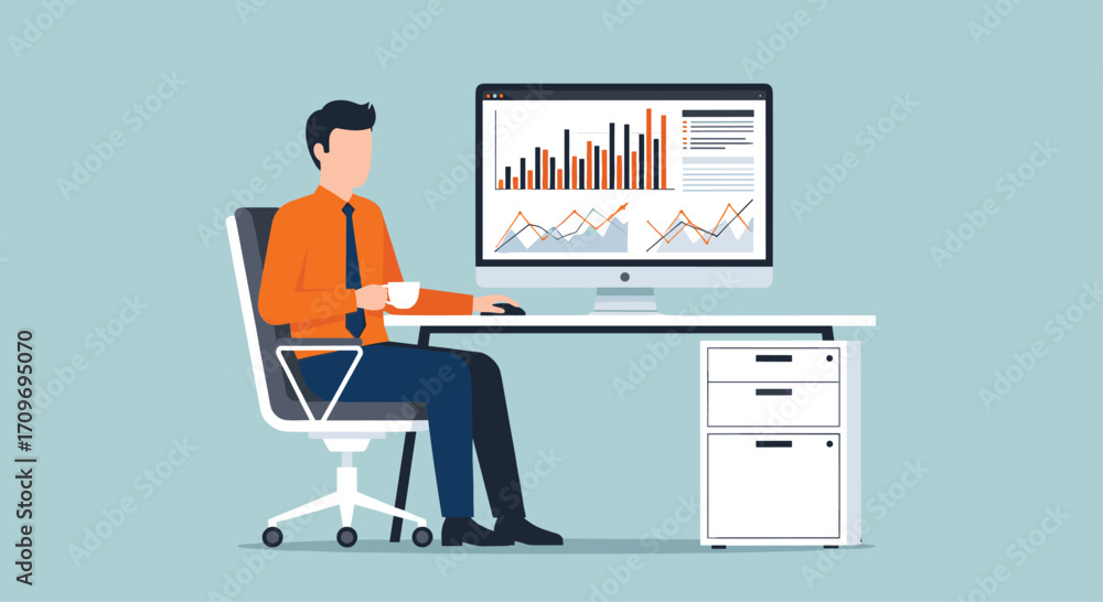 Aufkleber man analyzing financial growth charts and graphs on computer for business development strategy