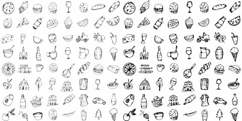 Collection of hand drawn black and white sketch icons representing food drinks buildings vehicles and nature elements