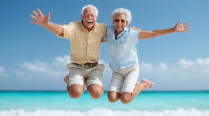 Senior couple jump on beach happy in love romantic and relax time,family travel leisure,copy space