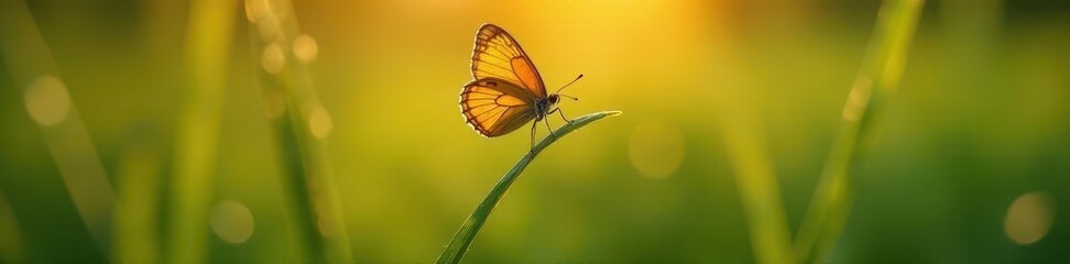 Fototapeta premium Delicate butterfly perched on dew-kissed grass blade at sunrise , tranquil, wildlife, garden