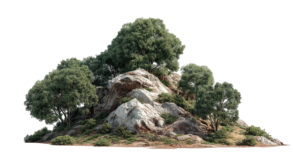 Lush green trees atop a rocky outcrop